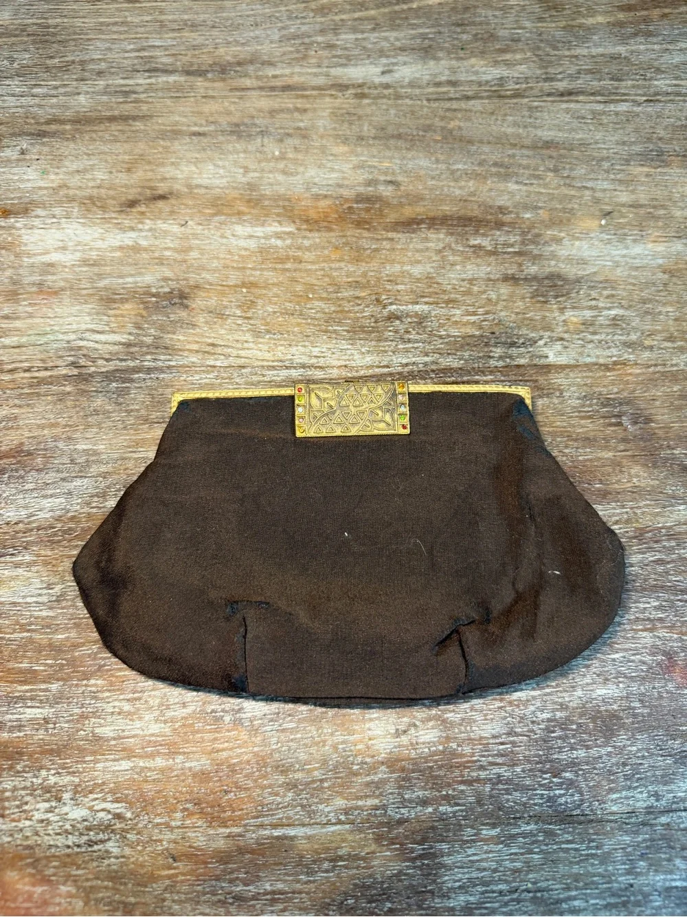 Vintage Brown Satin Evening Clutch Purse Gold Tone Jeweled Frame Art Deco Style